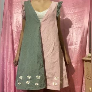 Y2K Split-Colored Daisy Embroidered Overall Dress